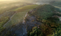 Des véhicules de pompiers au milieu d'arbres brûlés après l'incendie de forêt près de Sigean (Aude) dimanche 27 juillet 2025 - Photo prise et publiée par Service départemental d'incendie et de secours (Sdis 11)  ( SDIS11 / Handout )